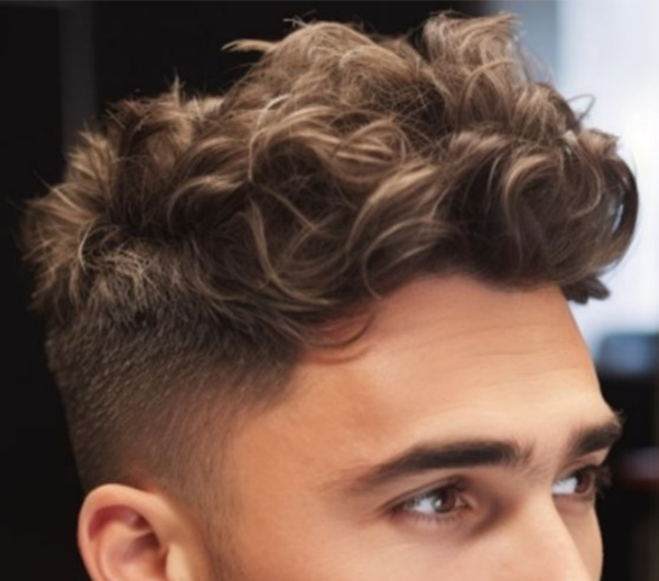 59. Curly Messy Top with a Fade for Men with Hairline Baldness